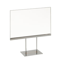 Signholder, Counter Top, 11"W X 7"H, (2) 3"L Stems, Flat Base, Chrome Channel W/ Plexi Frame