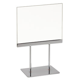 Signholder, Counter Top, 7"W X 5-1/2"H, (2) 3"L Stems, Flat Base, Chrome Channel W/ Plexi Frame